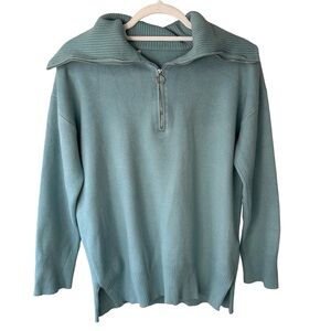 Blue Zip-Up Sweater Size M Cozy Stretchy Knit Pullover Minimalist Casual